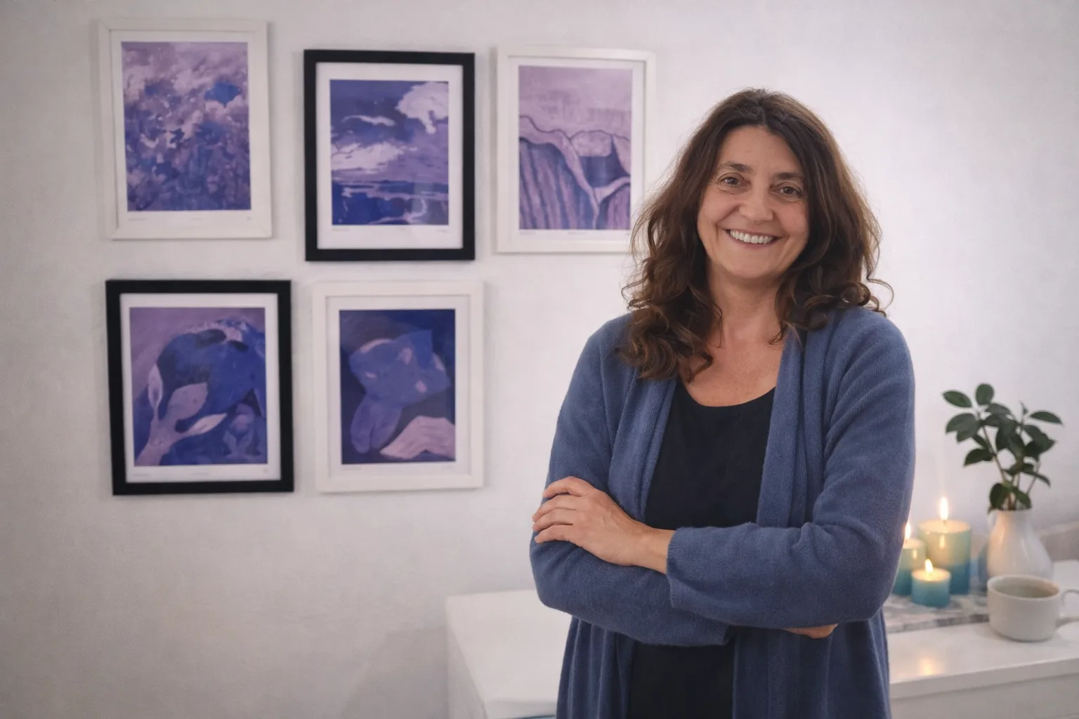 Aima Martin con varias de sus obras colección Esencia Feliz